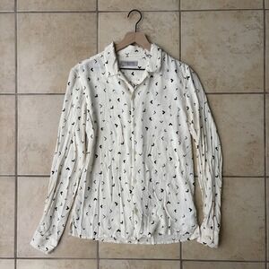 All Saints Shirt Mens Small Cream Geometric Rayon Loop Collar Camp Long Sleeve